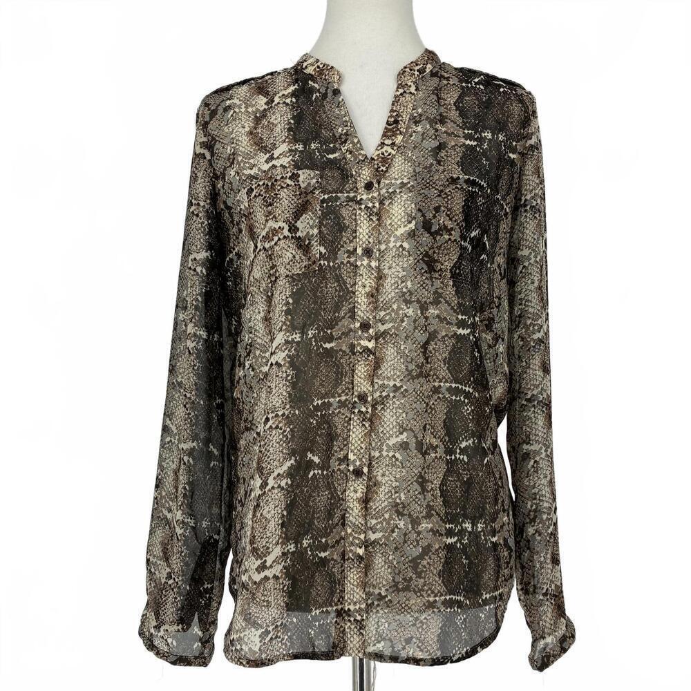 Olive & Oak Sheer Snake Print V Neck Button Up Blouse Sz M